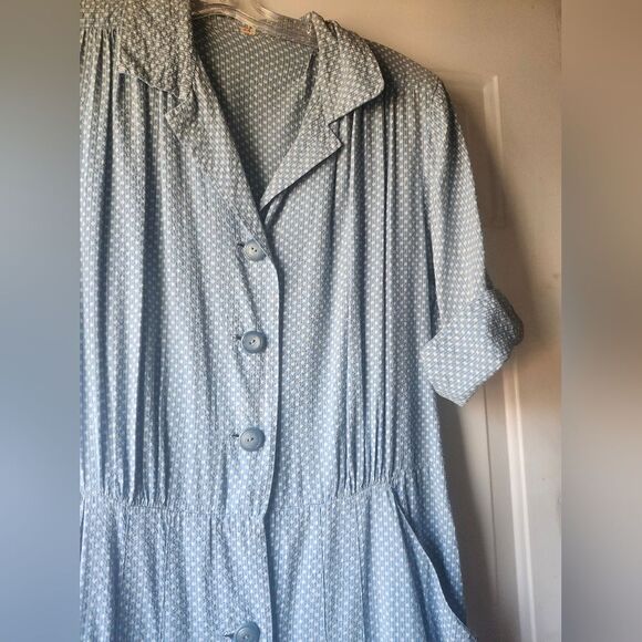 Vintage Blue Seersucker Polkadot 50s Midi Dress Button Front Pockets Collar - Picture 11 of 12